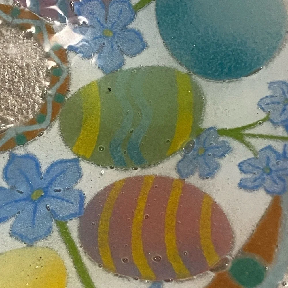 Peggy Karr Easter Egg Fused Art Glass Bowl Colorful Eater Eggs Blue Pink Green